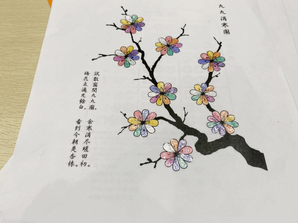 冬至文化节中,老师用中国传统的"九九消寒图"进行数学及文化教学,其中
